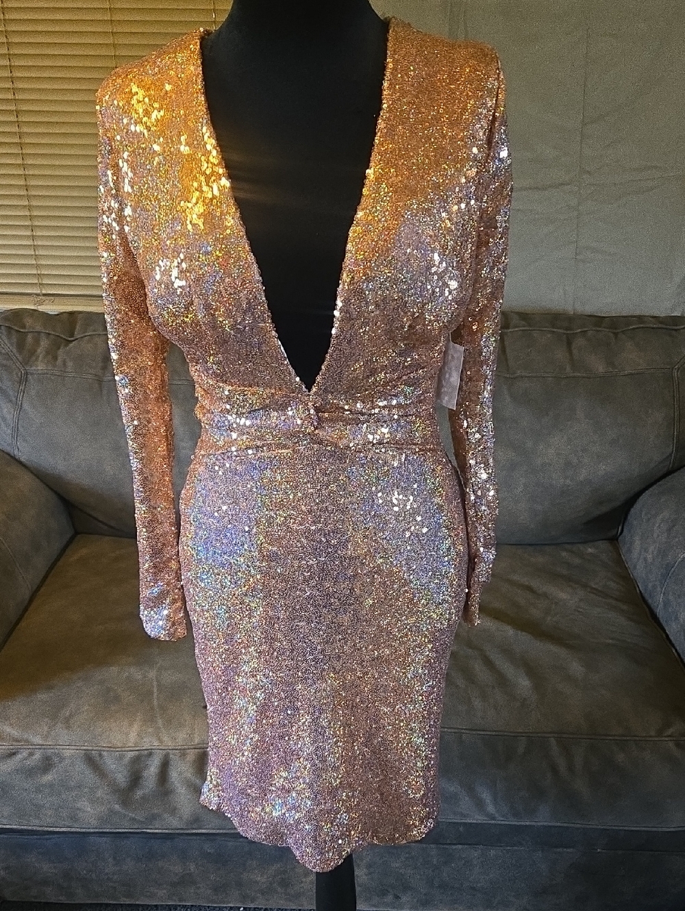 Charlotte Russe Rose Gold Sequin Long-Sleeve Plunge Dress